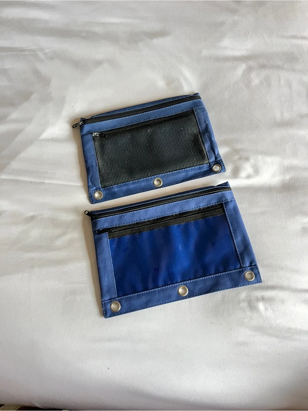 Blue 3 Ring Binder Pencil Pouch 2 Pocket Zipper Clear Window Mesh Case Pack